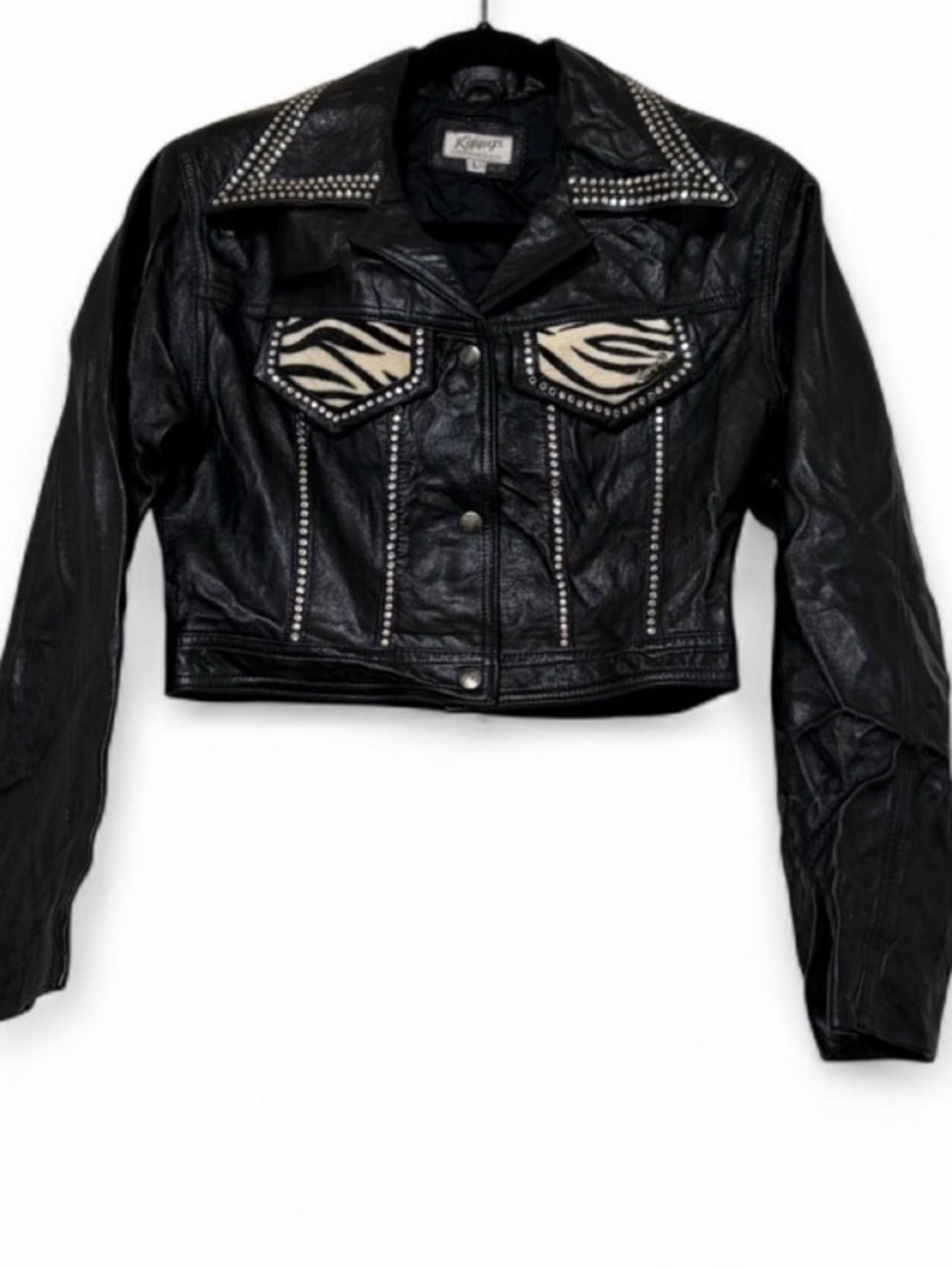 Kippys Black Studded Leather Jacket with Zebra Accents